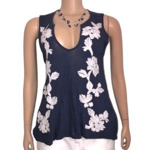 Lucky Brand Top Sleeveless linen Blend blue & white Floral Embroidered size XS